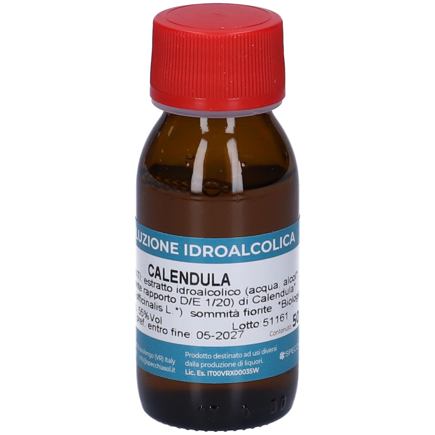 Flacone in vetro marrone con tappo rosso. Scritta: Soluzione Idroalcolica Calendula. 55% Vol.