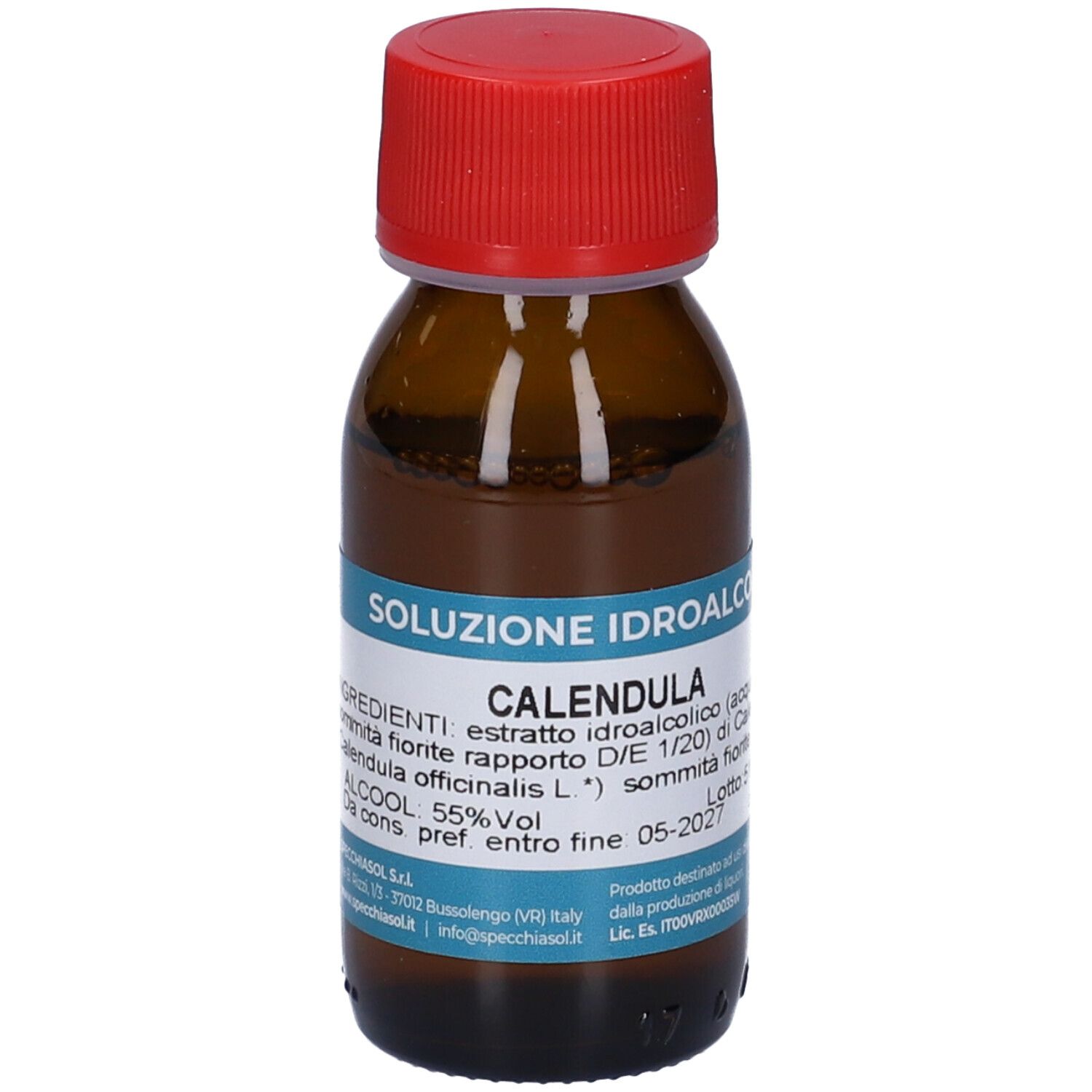 Flacone in vetro marrone con tappo rosso. Scritta: Soluzione Idroalcolica Calendula. 55% Vol.