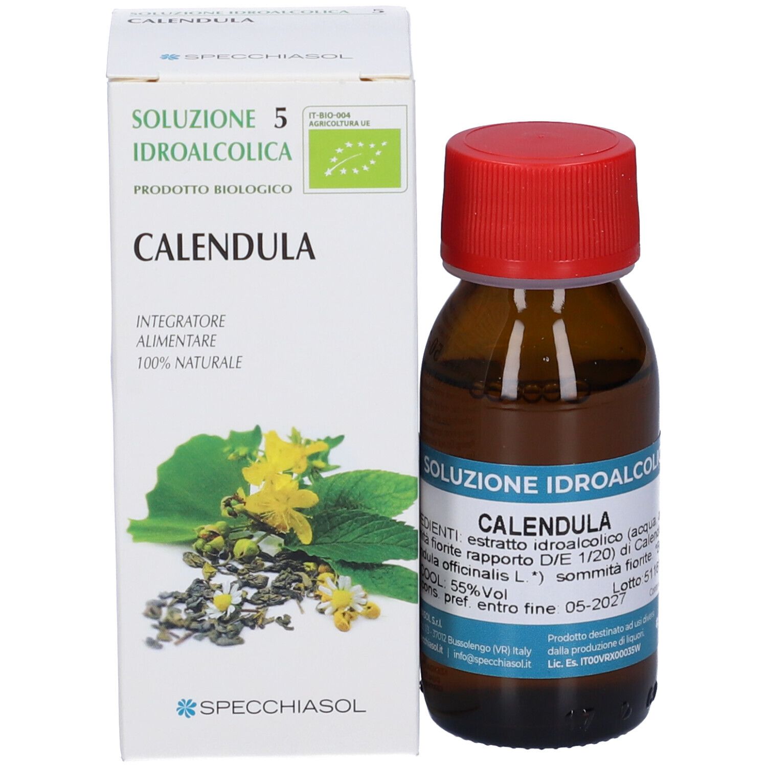 Flacone in vetro marrone con tappo rosso e confezione. Scritta: Calendula. 55% Vol. Prodotto Specchiasol.