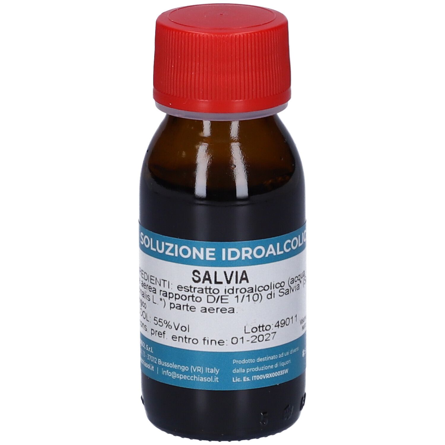 Flacone di vetro marrone con tappo rosso. Scritta: « Soluzione Idroalcolica Salvia ». Etichetta con ingredienti e gradazione alcolica.