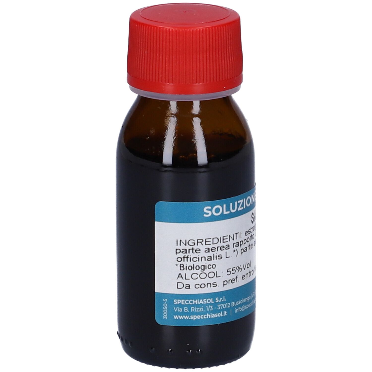 Flacone di vetro marrone con tappo rosso. Scritta: « Soluzione Idroalcolica Salvia ». Etichetta con ingredienti e gradazione alcolica.