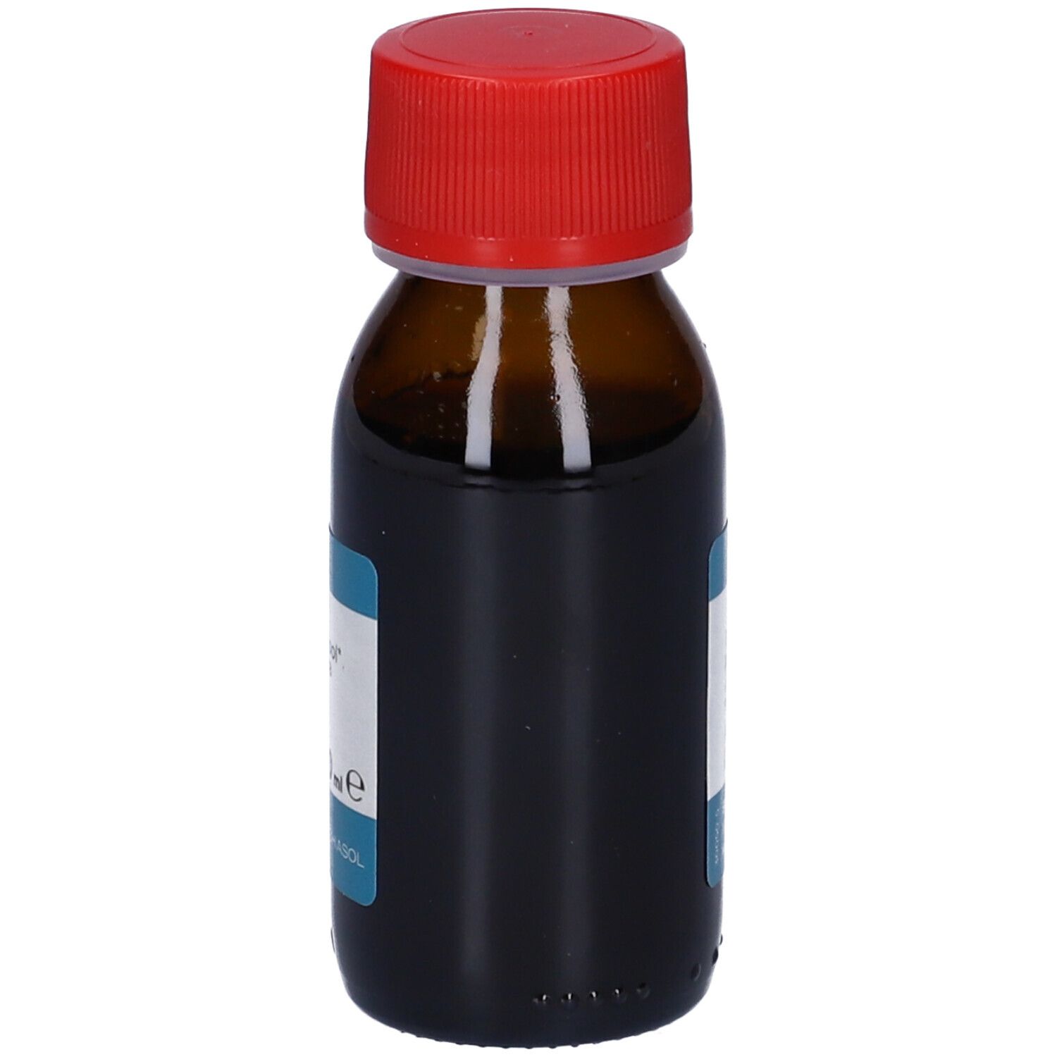 Flacone di vetro marrone con tappo rosso. Scritta: « Soluzione Idroalcolica Salvia ». Etichetta con ingredienti e gradazione alcolica.