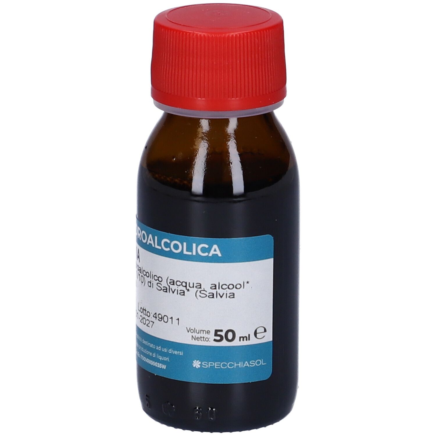 Flacone di vetro marrone con tappo rosso. Scritta: « Soluzione Idroalcolica Salvia ». Etichetta con ingredienti e gradazione alcolica.