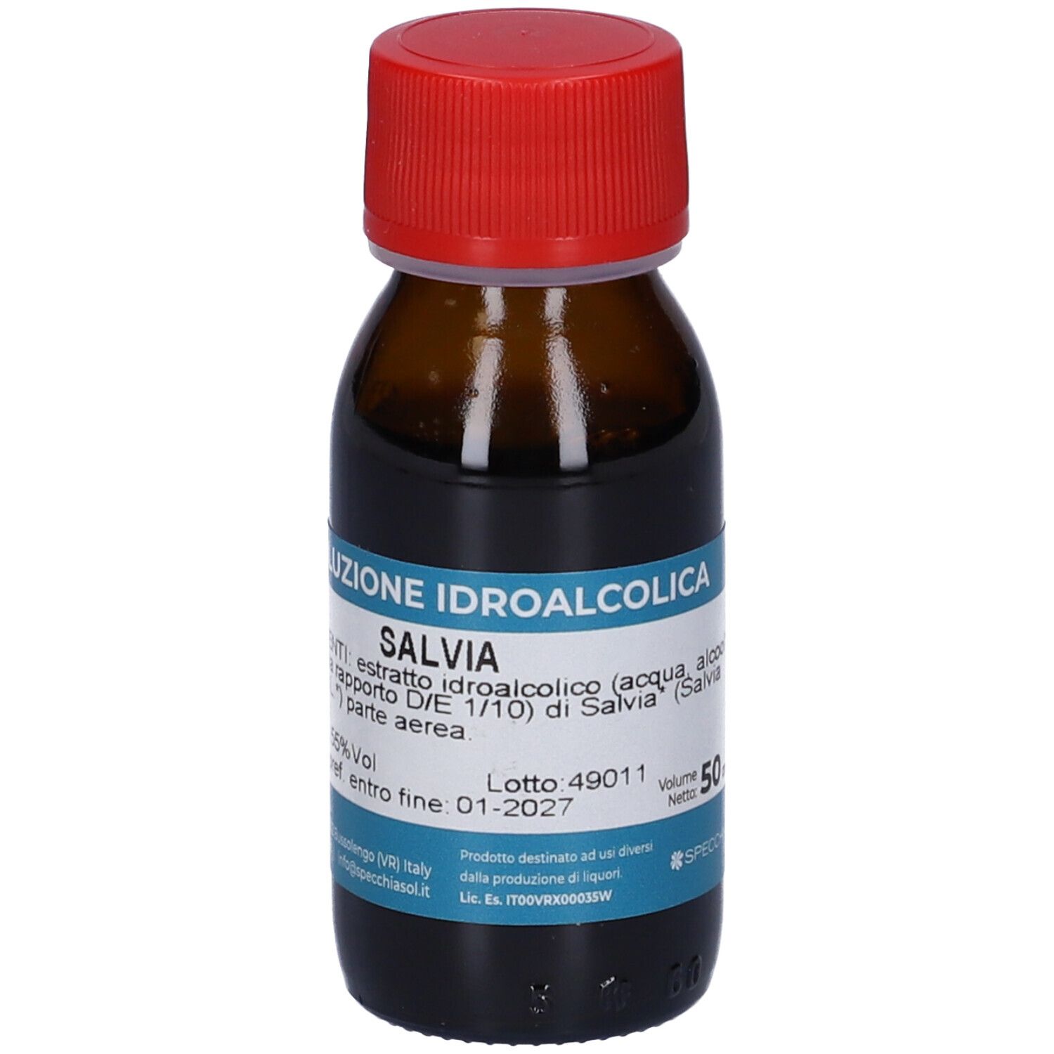 Flacone di vetro marrone con tappo rosso. Scritta: « Soluzione Idroalcolica Salvia ». Etichetta con ingredienti e gradazione alcolica.