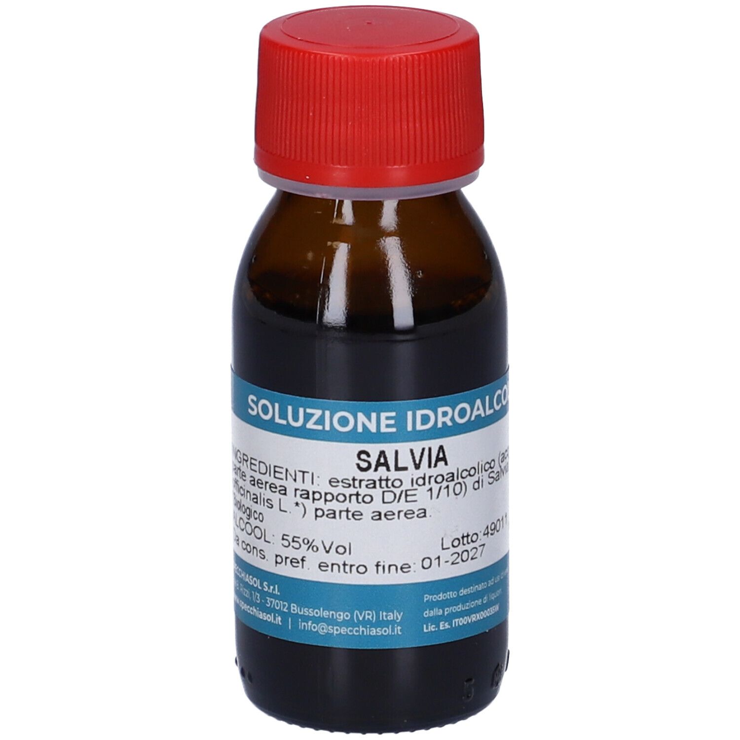 Flacone di vetro marrone con tappo rosso. Scritta: « Soluzione Idroalcolica Salvia ». Etichetta con ingredienti e gradazione alcolica.