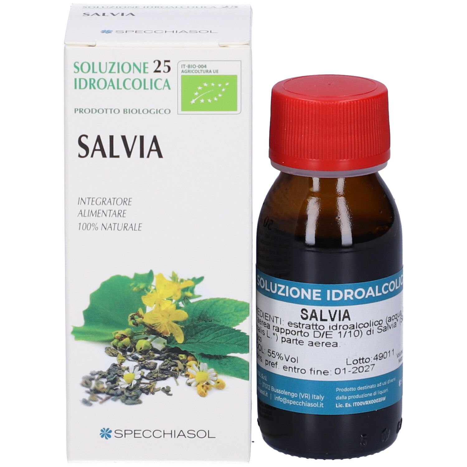 Flacone di vetro marrone con tappo rosso e scatola. Scritta: « Soluzione 25 Idroalcolica Salvia ». Sulla scatola c'è un logo verde.