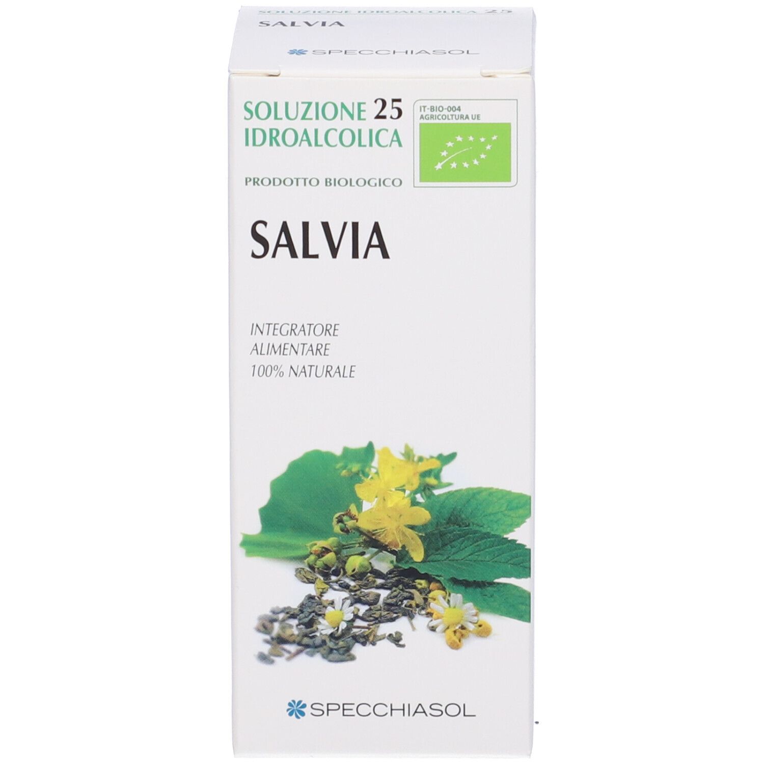 Scatola con la scritta « Soluzione 25 Idroalcolica Salvia ». Sulla scatola c'è un logo verde.