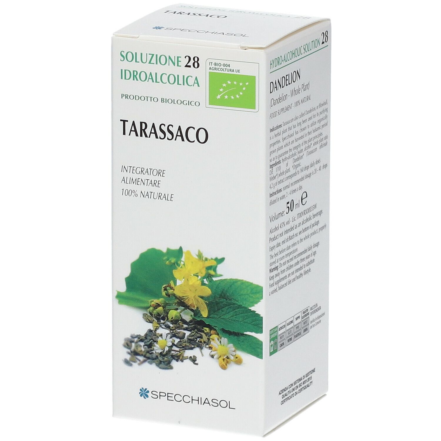 Scatola di Tarassaco. Scritta: Soluzione Idroalcolica, Integratore Alimentare, 100% Naturale. Logo Bio.