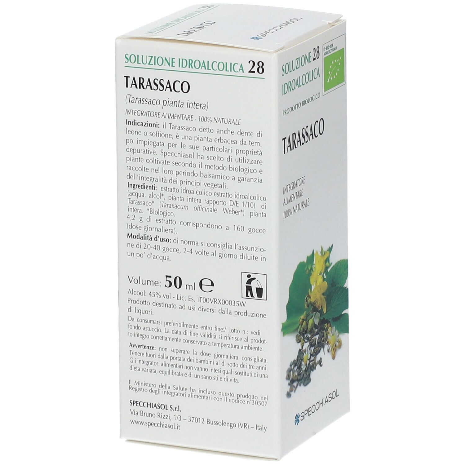 Scatola di Tarassaco. Scritta: Soluzione Idroalcolica, Integratore Alimentare, 100% Naturale. Logo Bio.