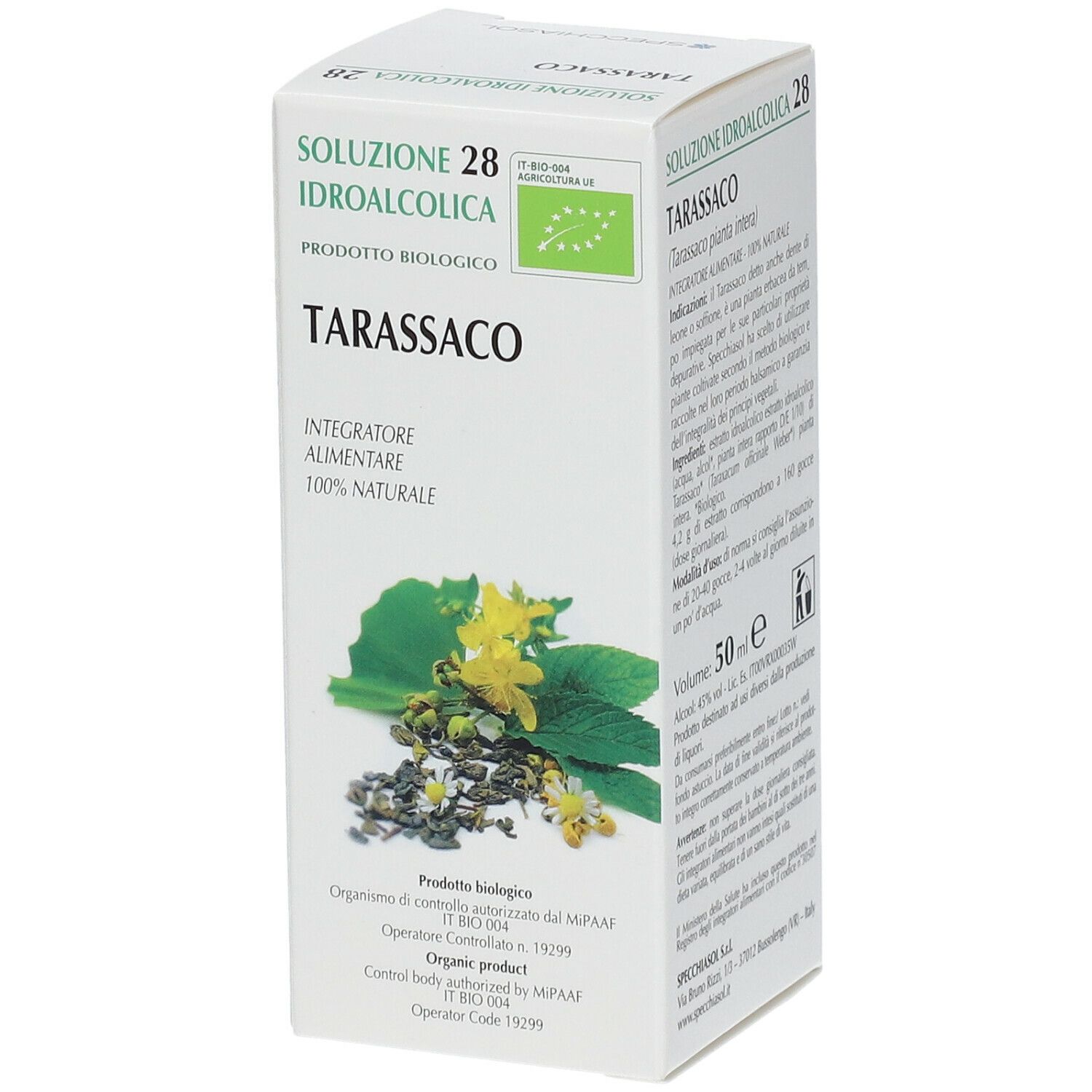 Scatola di Tarassaco. Scritta: Soluzione Idroalcolica, Integratore Alimentare, 100% Naturale. Logo Bio.