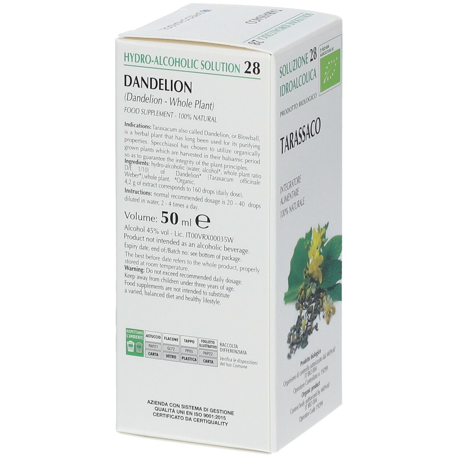 Scatola di Tarassaco. Scritta: Soluzione Idroalcolica, Integratore Alimentare, 100% Naturale. Logo Bio.