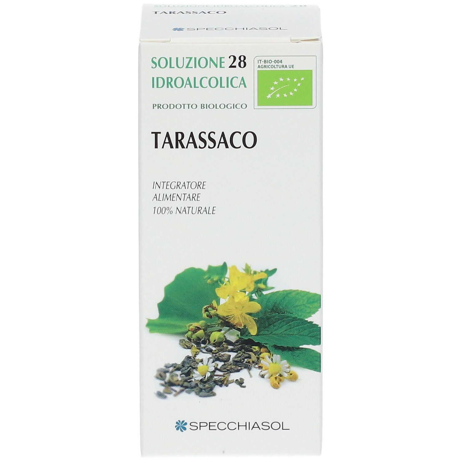 Scatola di Tarassaco. Scritta: Soluzione Idroalcolica, Integratore Alimentare, 100% Naturale. Logo Bio.