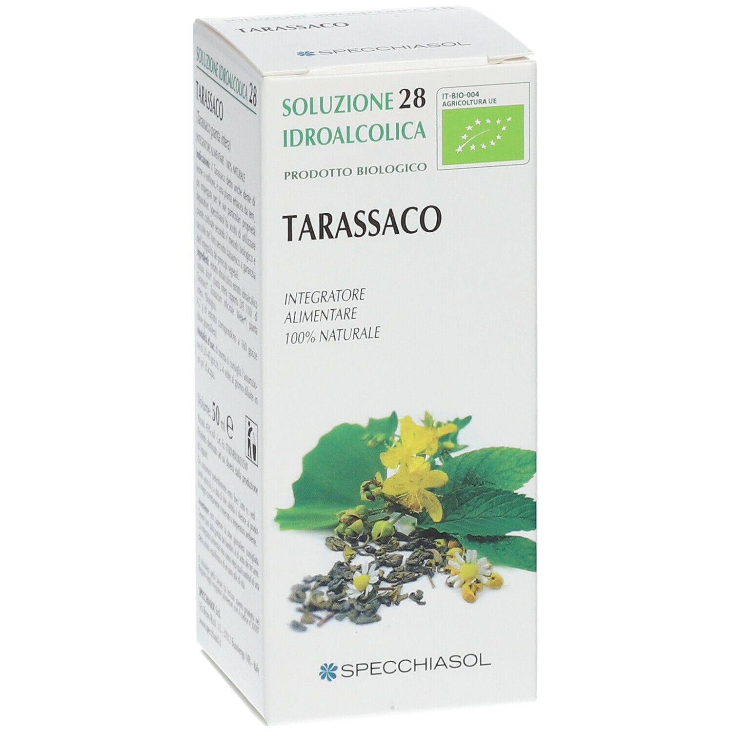 Scatola di Tarassaco. Scritta: Soluzione Idroalcolica, Integratore Alimentare, 100% Naturale. Logo Bio.