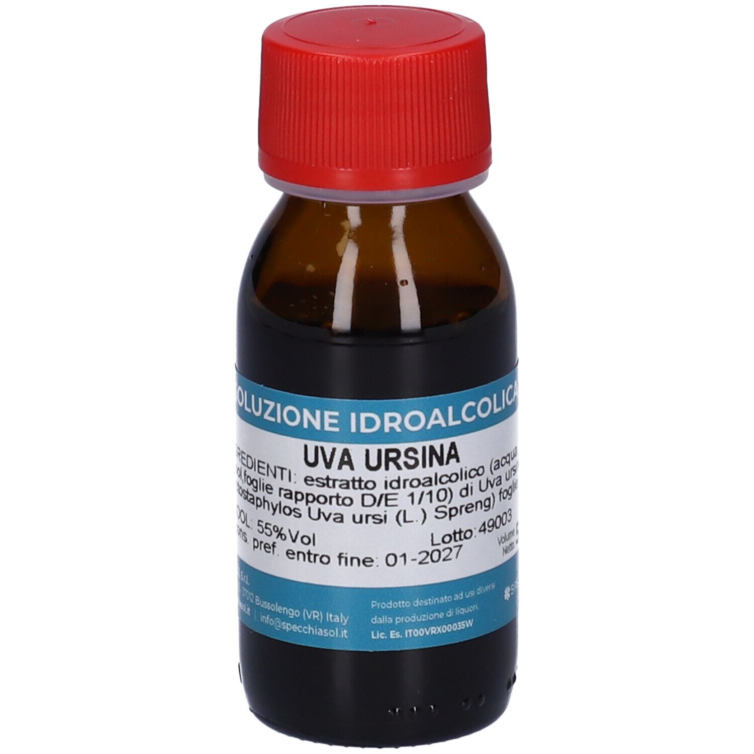 Bottiglia in vetro marrone con tappo rosso. Etichetta con testo. Liquido marrone scuro. Volume 50 ml.
