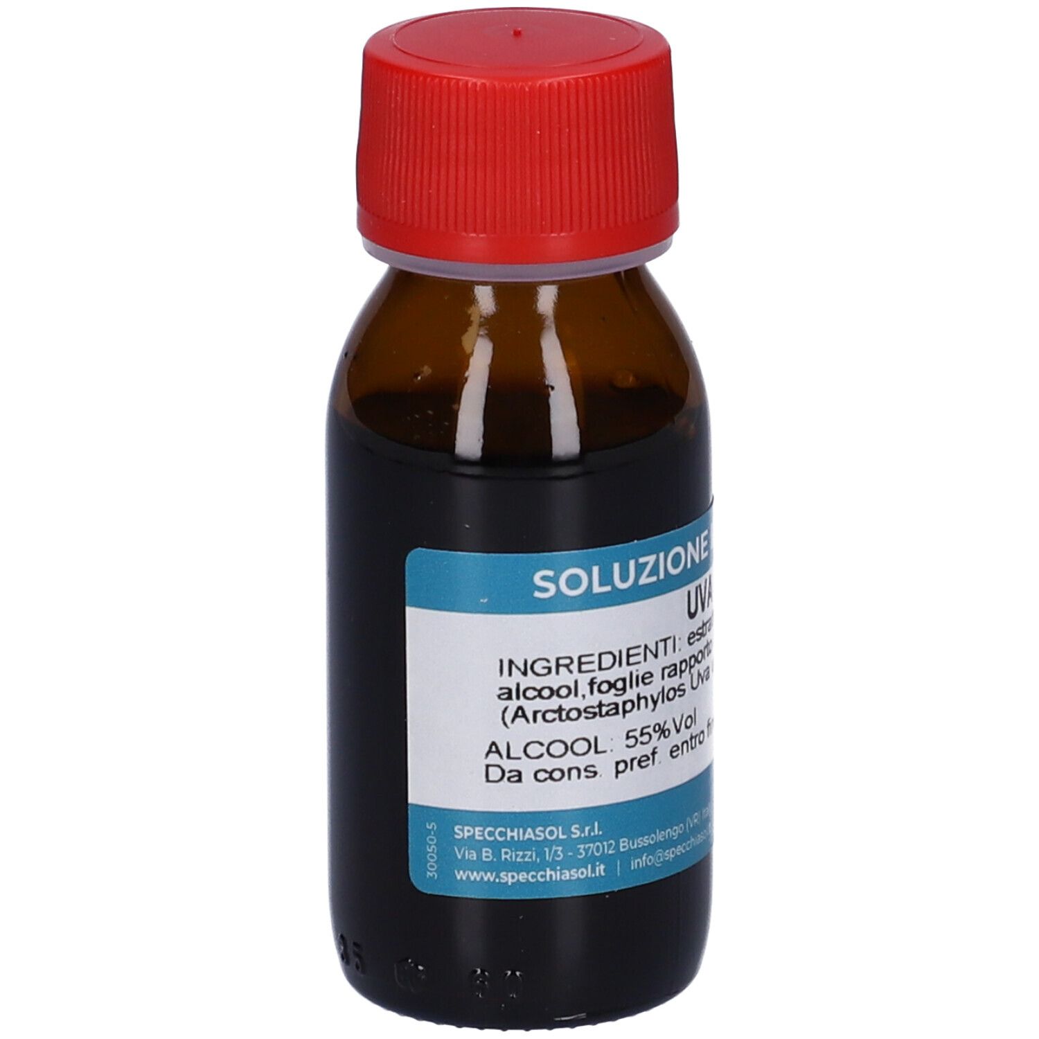 Bottiglia in vetro marrone con tappo rosso. Etichetta con testo. Liquido marrone scuro. Volume 50 ml.