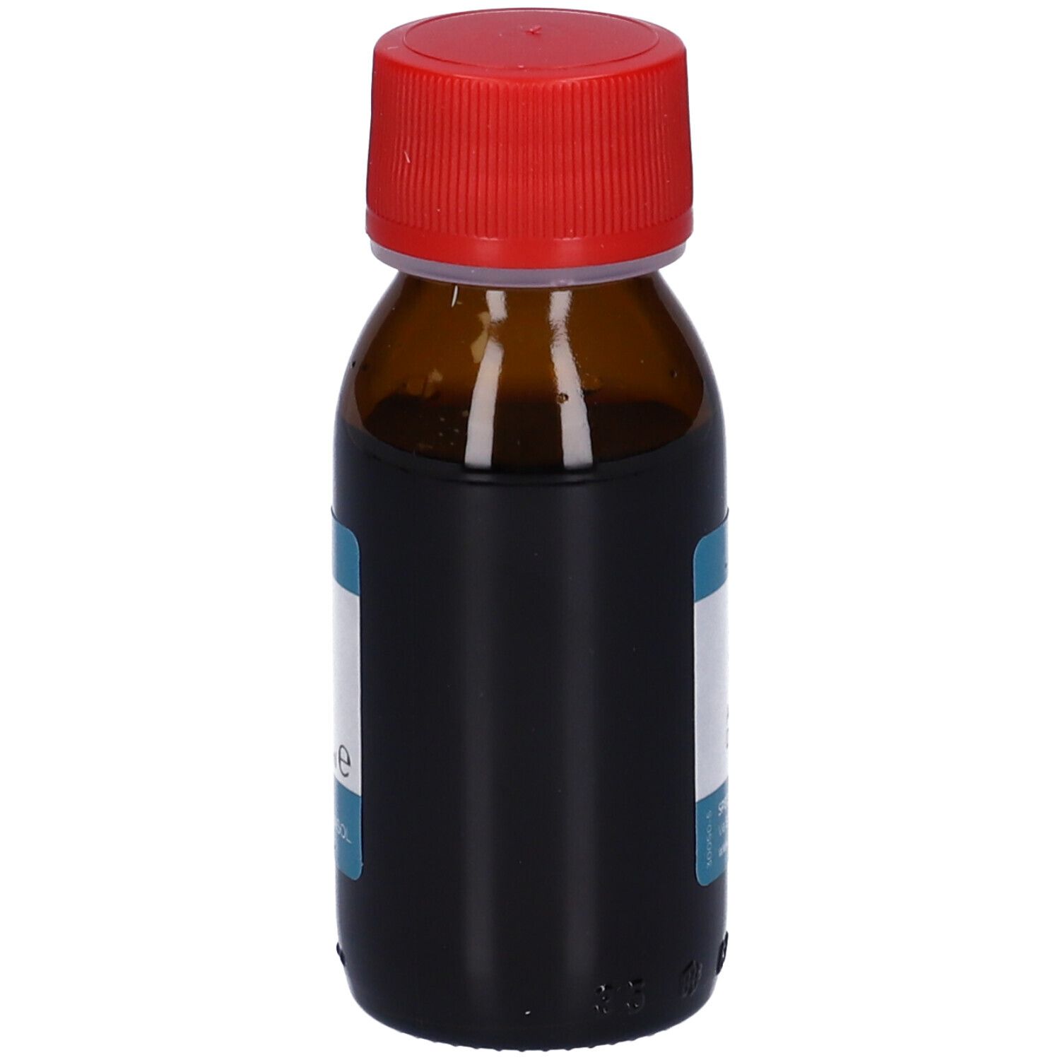 Bottiglia in vetro marrone con tappo rosso. Etichetta con testo. Liquido marrone scuro. Volume 50 ml.