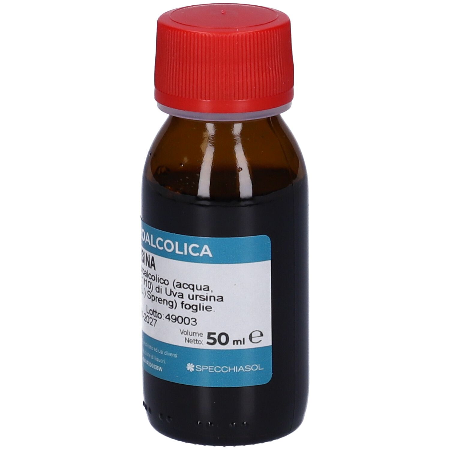 Bottiglia in vetro marrone con tappo rosso. Etichetta con testo. Liquido marrone scuro. Volume 50 ml.