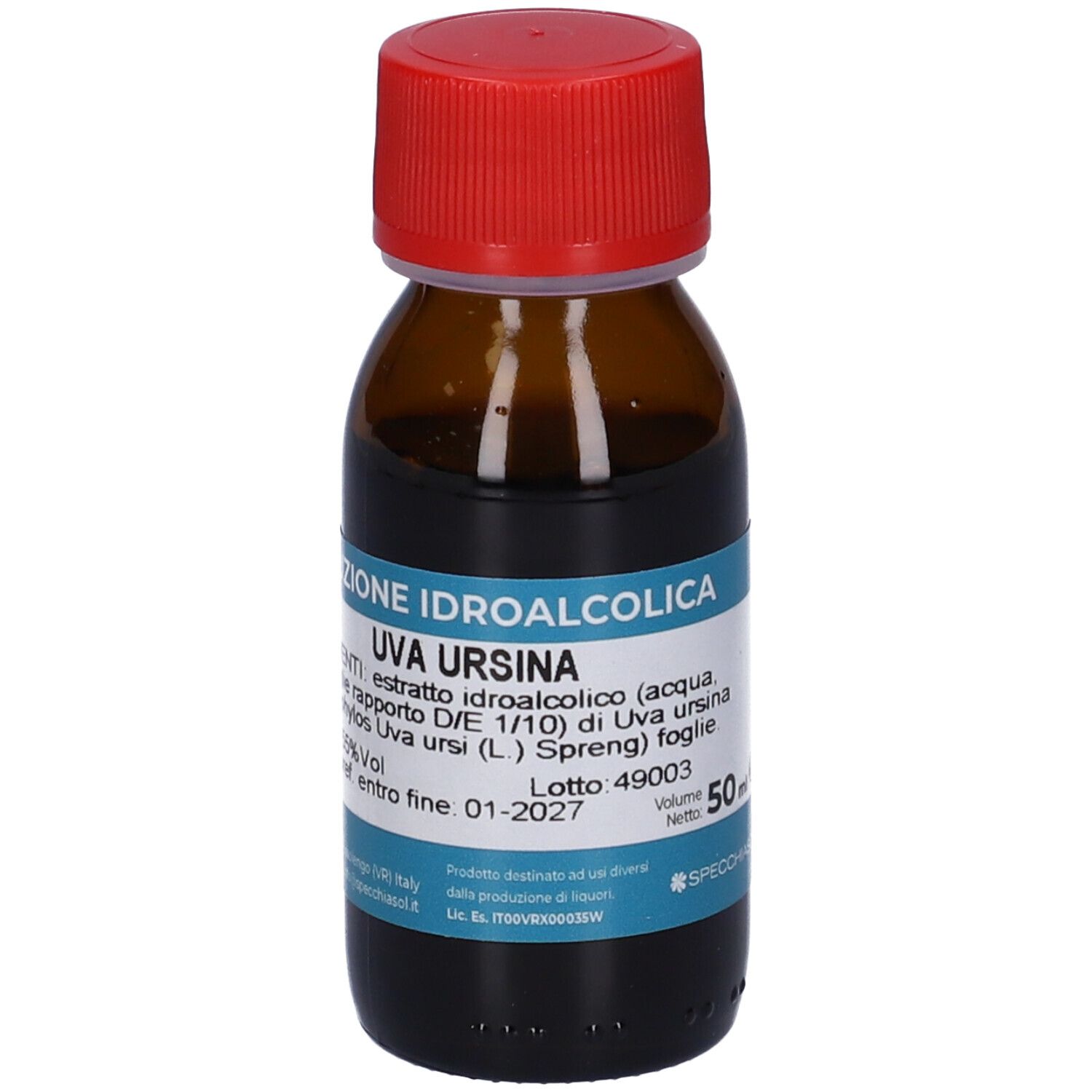 Bottiglia in vetro marrone con tappo rosso. Etichetta con testo. Liquido marrone scuro. Volume 50 ml.