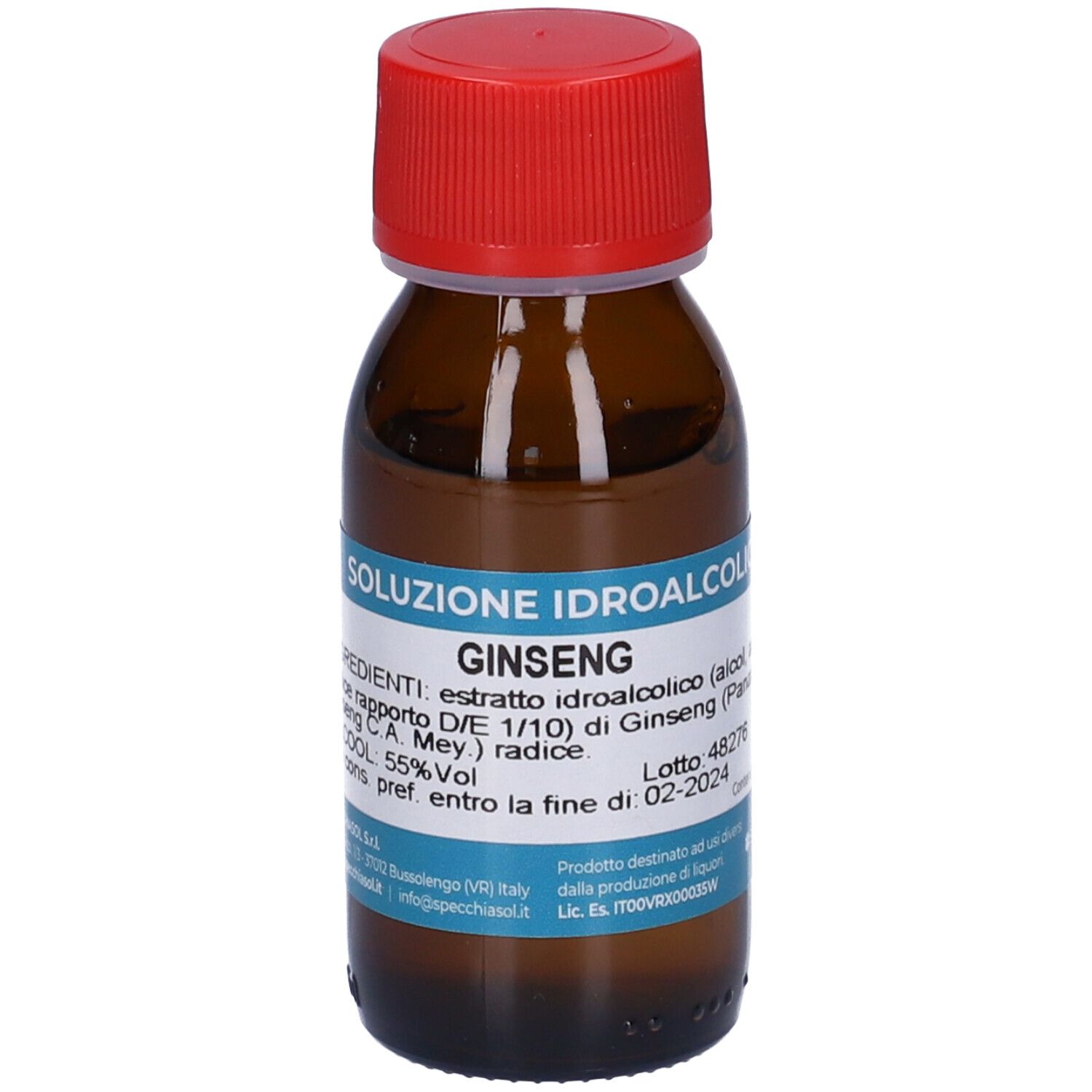 Flacone di vetro marrone con tappo rosso. L'etichetta indica Ginseng. Contiene il 55% di alcol.