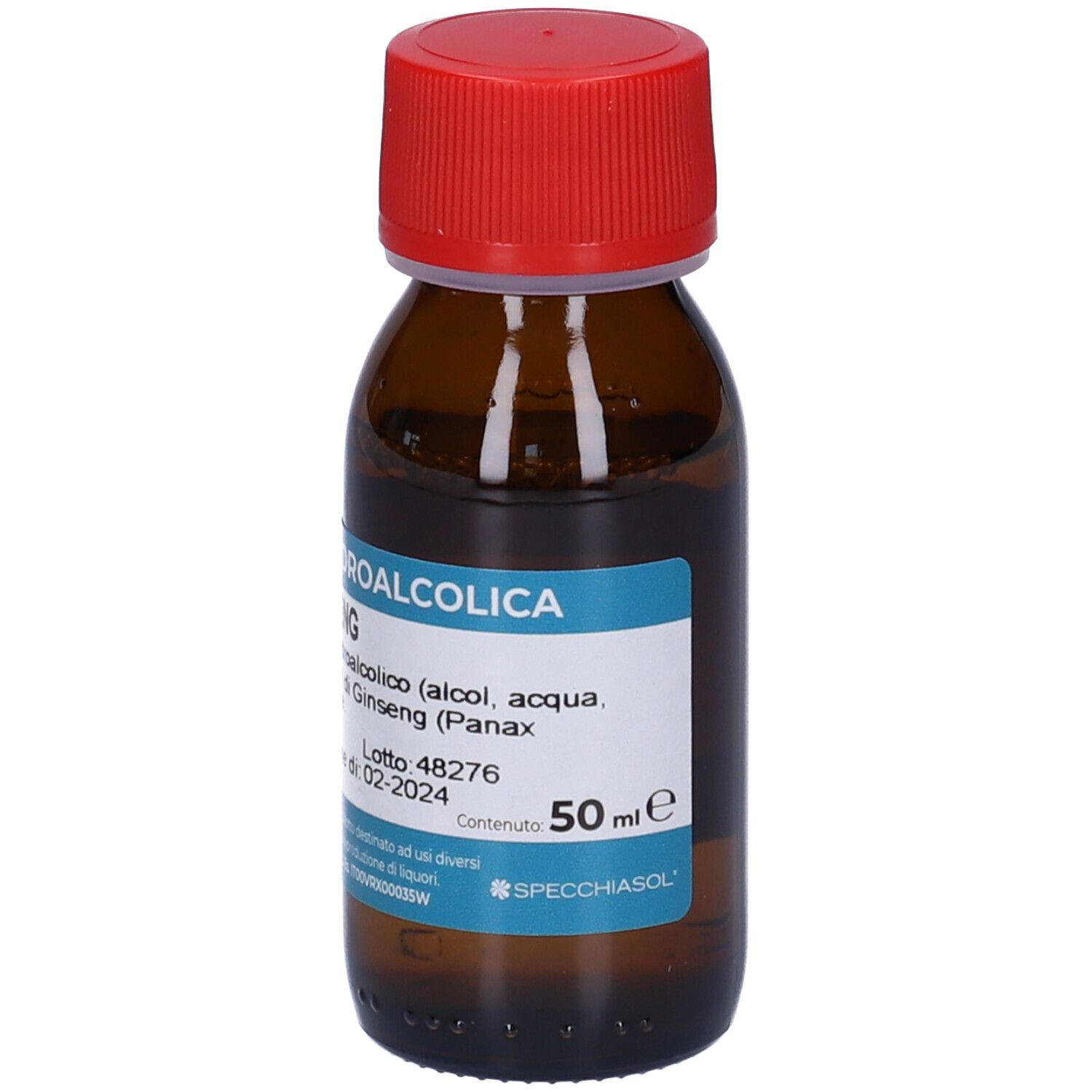 Flacone di vetro marrone con tappo rosso. L'etichetta indica Ginseng. Contiene il 55% di alcol.