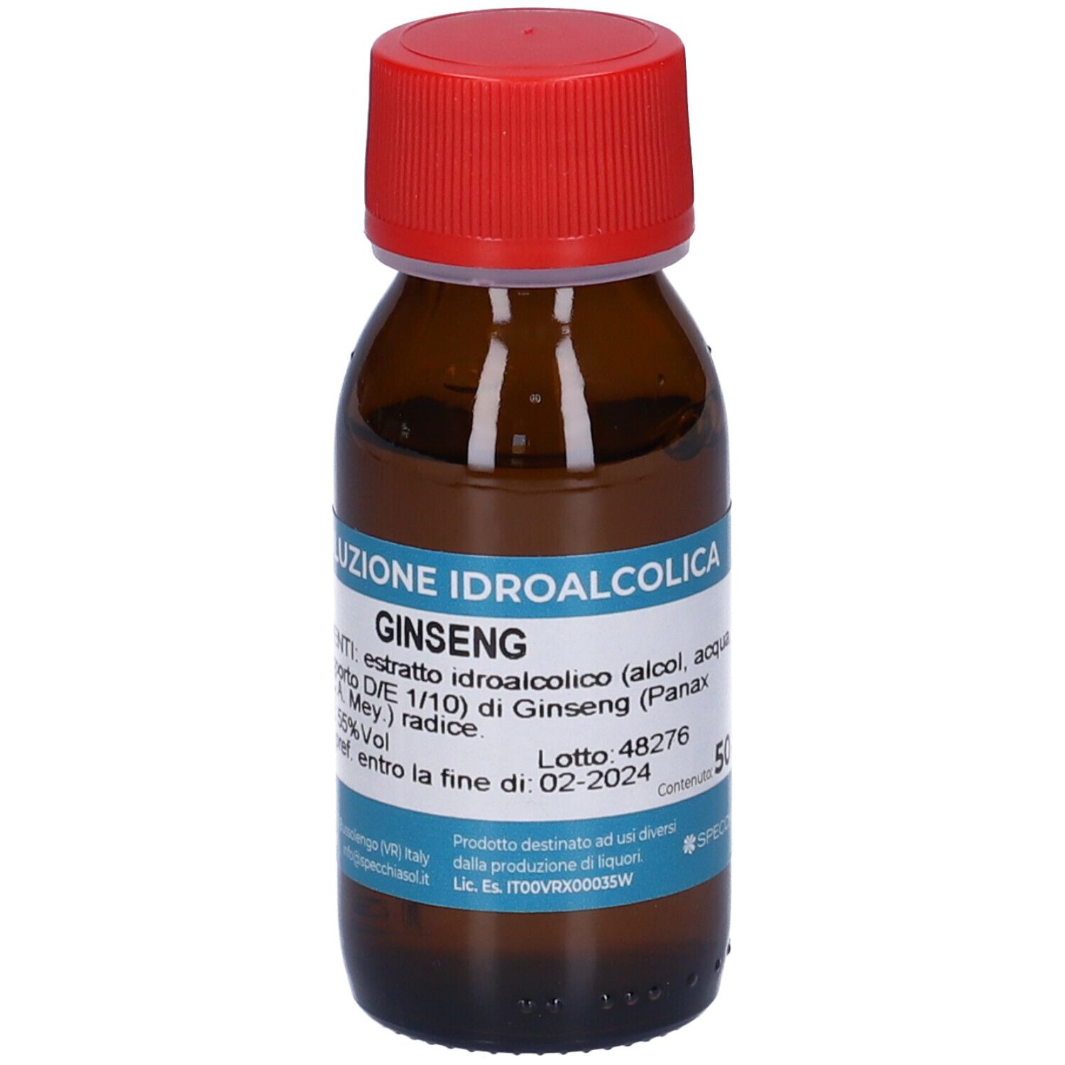Flacone di vetro marrone con tappo rosso. L'etichetta indica Ginseng. Contiene il 55% di alcol.