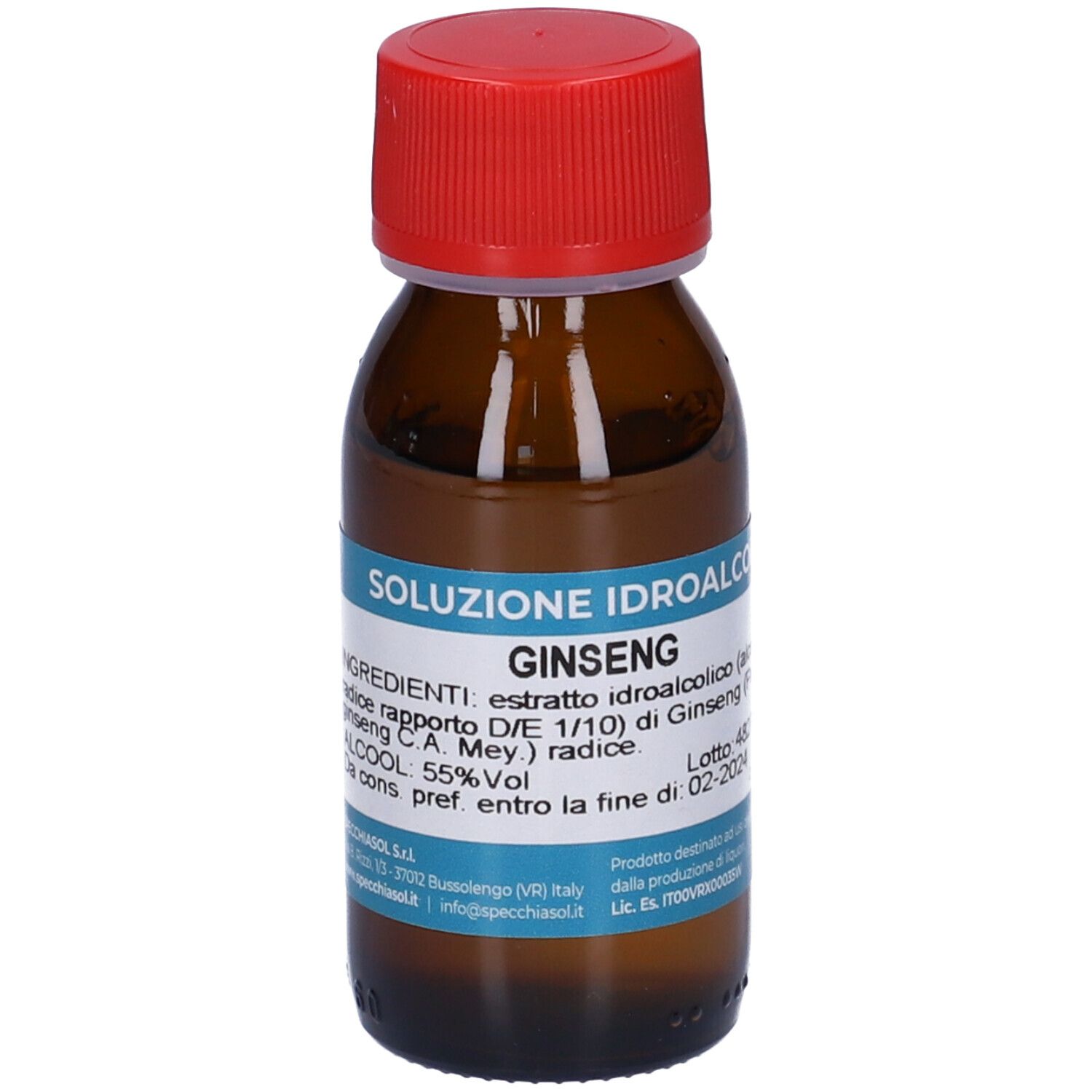 Flacone di vetro marrone con tappo rosso. L'etichetta indica Ginseng. Contiene il 55% di alcol.