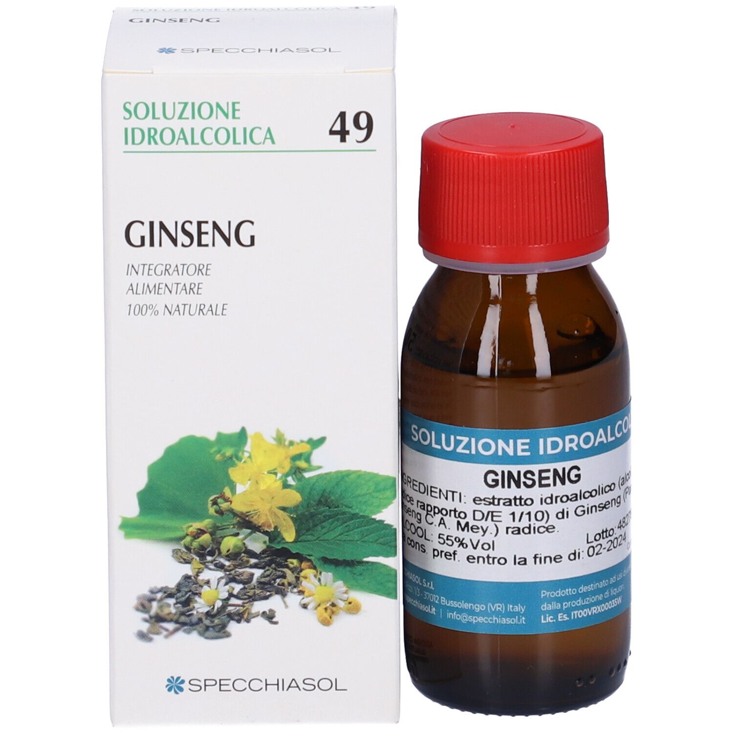 Flacone di vetro marrone con tappo rosso e una scatola. Ginseng è indicato sul flacone e sulla scatola.