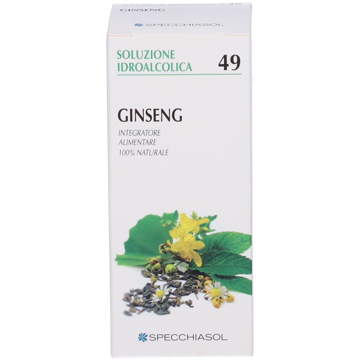 Scatola bianca con la scritta Ginseng. Sulla scatola è indicato anche il marchio Specchiasol.