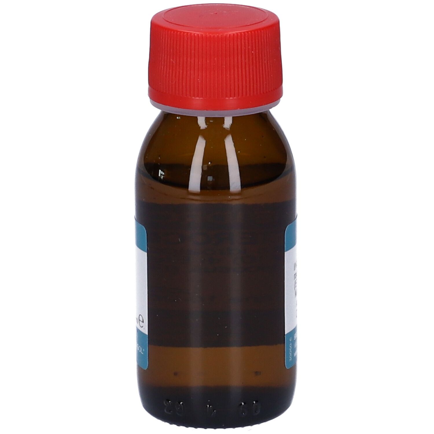 Bottiglia di vetro marrone con tappo rosso. Etichetta con nome del prodotto e ingredienti. Liquido visibile.