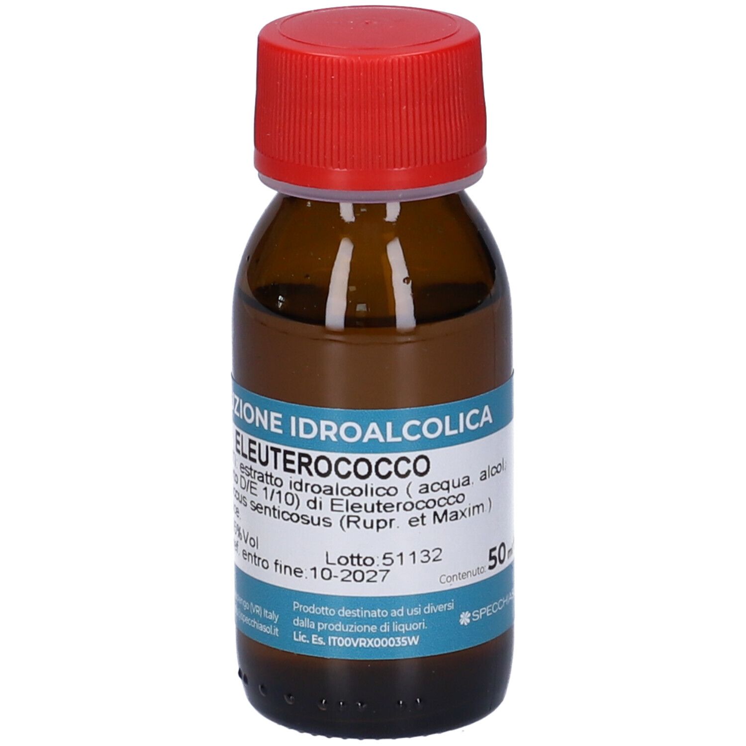 Bottiglia di vetro marrone con tappo rosso. Etichetta con nome del prodotto e ingredienti. Liquido visibile.