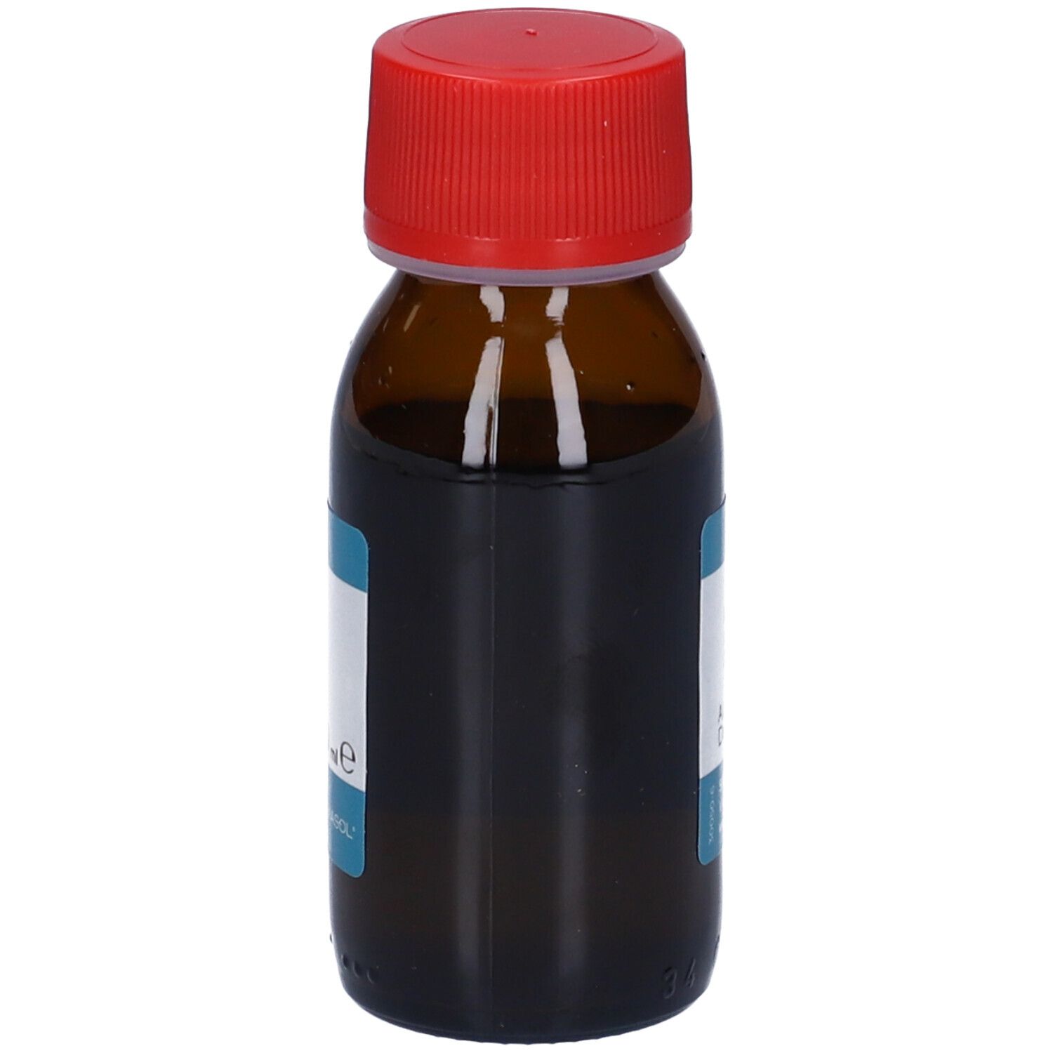 Bottiglia di vetro marrone con tappo rosso. Etichetta con nome del prodotto e informazioni. Liquido visibile.