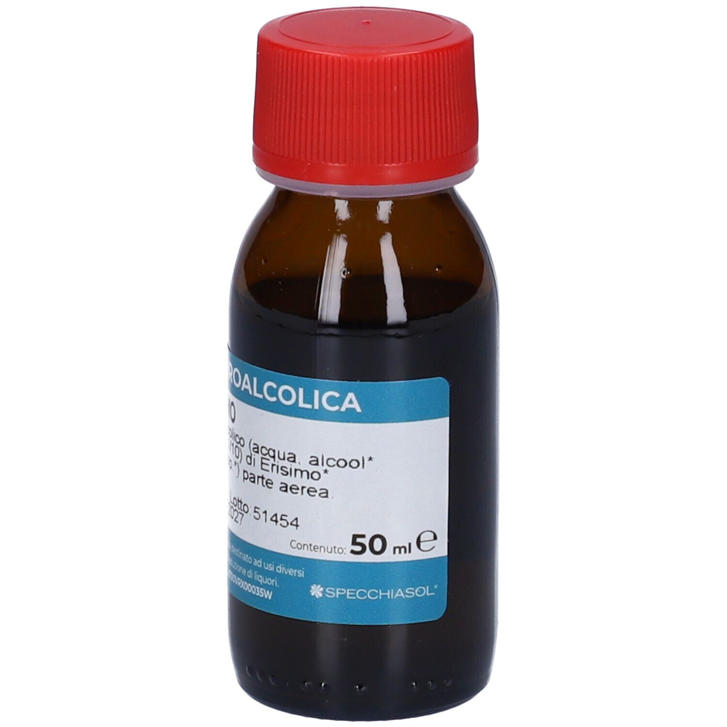 Bottiglia di vetro marrone con tappo rosso. Etichetta con nome del prodotto e informazioni. Liquido visibile.