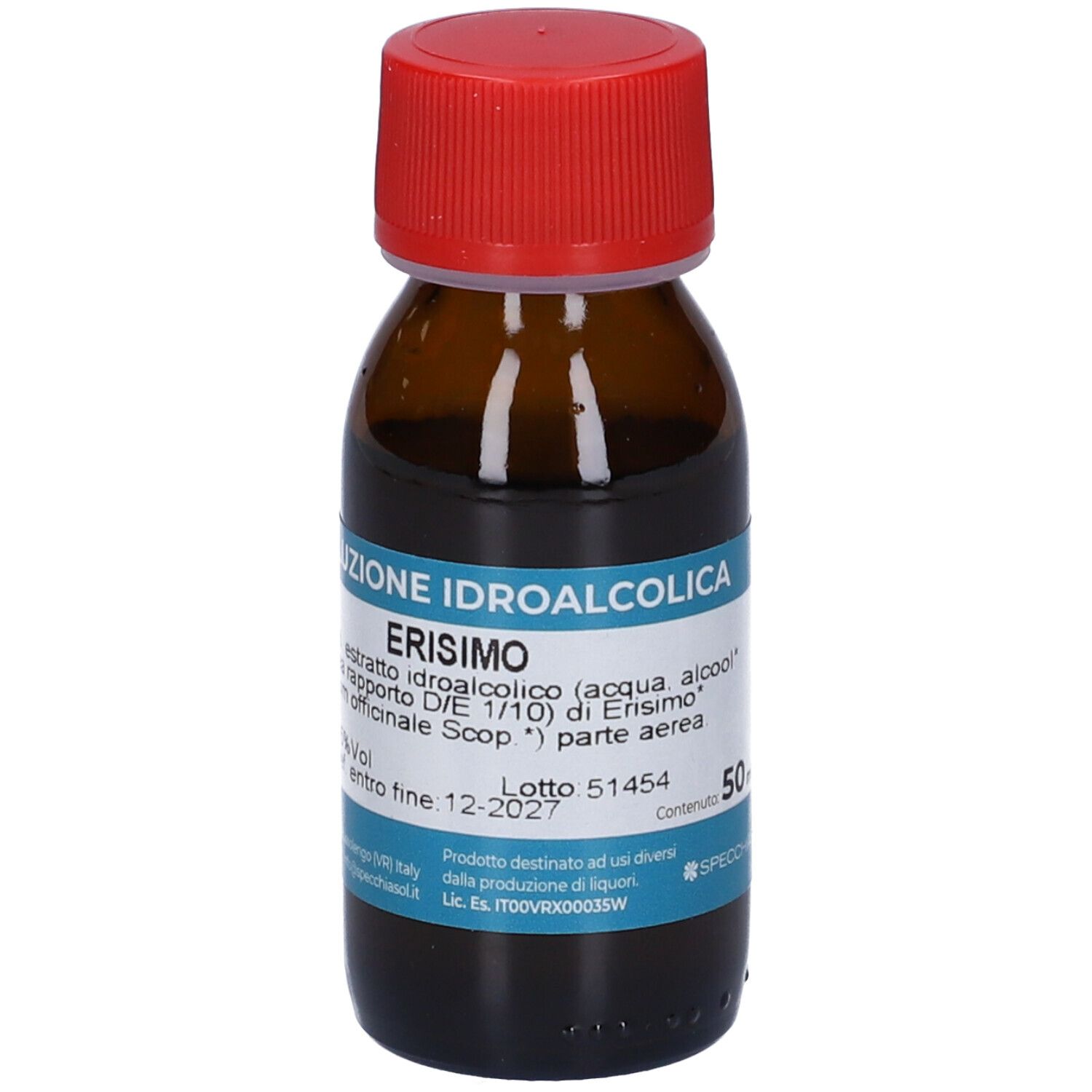 Bottiglia di vetro marrone con tappo rosso. Etichetta con nome del prodotto e informazioni. Liquido visibile.