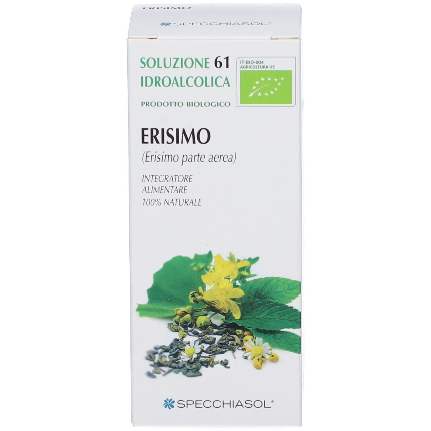 Scatola con nome del prodotto, illustrazione di pianta e certificazione. Sfondo bianco.