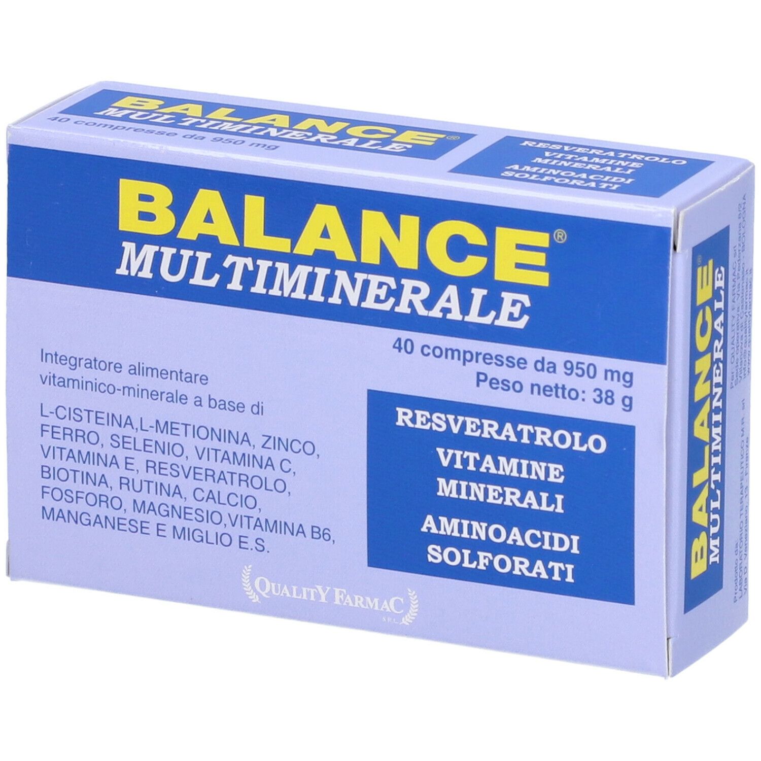 Scatola Balance Multiminerale. Confezione blu e bianca. Contiene 40 compresse.