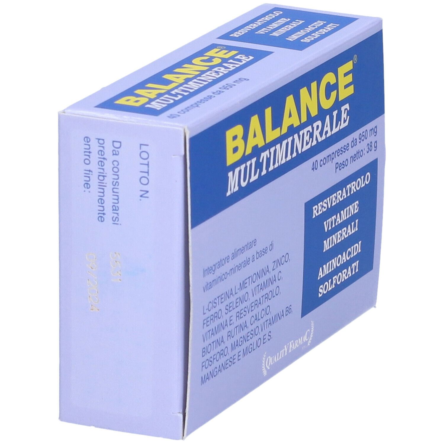 Scatola Balance Multiminerale. Confezione blu e bianca. Contiene 40 compresse. Vista laterale.