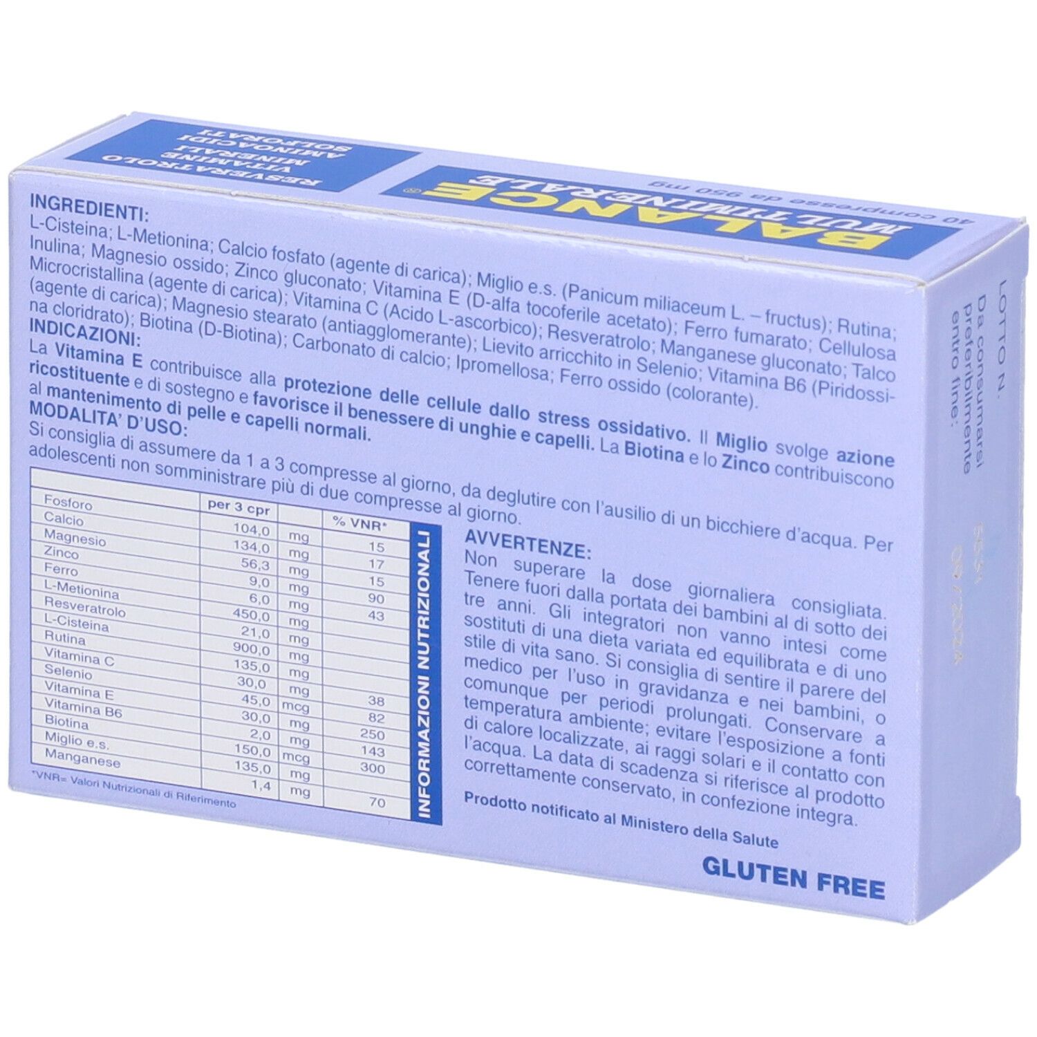 Scatola Balance Multiminerale. Confezione blu e bianca. Contiene 40 compresse. Retro con ingredienti.