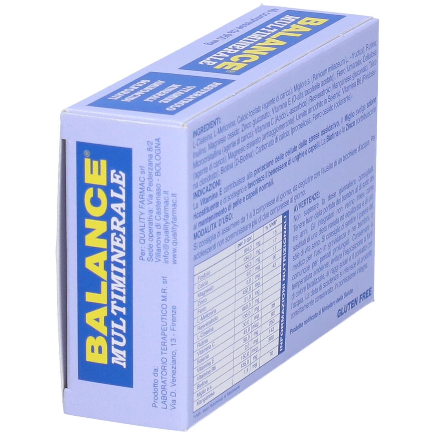 Scatola Balance Multiminerale. Confezione blu e bianca. Contiene 40 compresse. Vista obliqua.