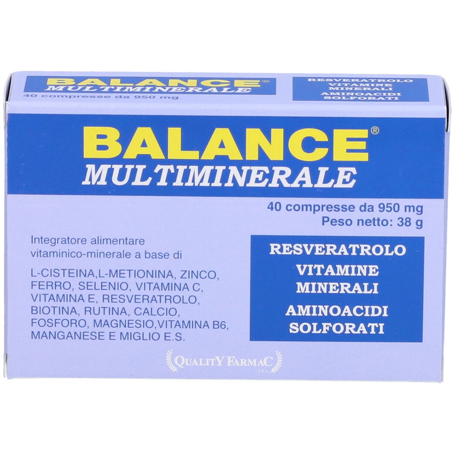 Scatola Balance Multiminerale. Confezione blu e bianca. Contiene 40 compresse. Vista frontale.