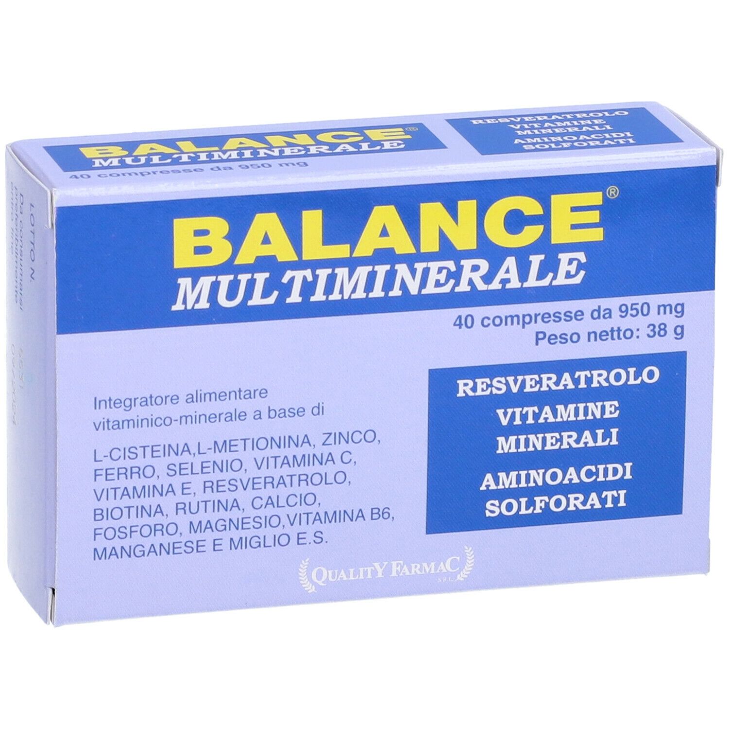 Scatola Balance Multiminerale. Confezione blu e bianca. Contiene 40 compresse. Vista frontale.