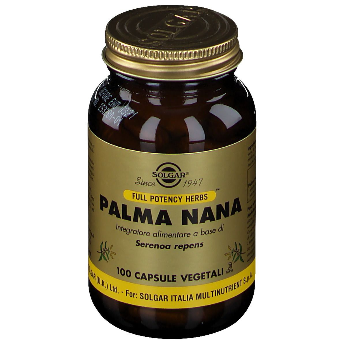 Flacone di vetro marrone con tappo dorato. L'etichetta riporta "SOLGAR Palma Nana" e "100 Capsule Vegetali".