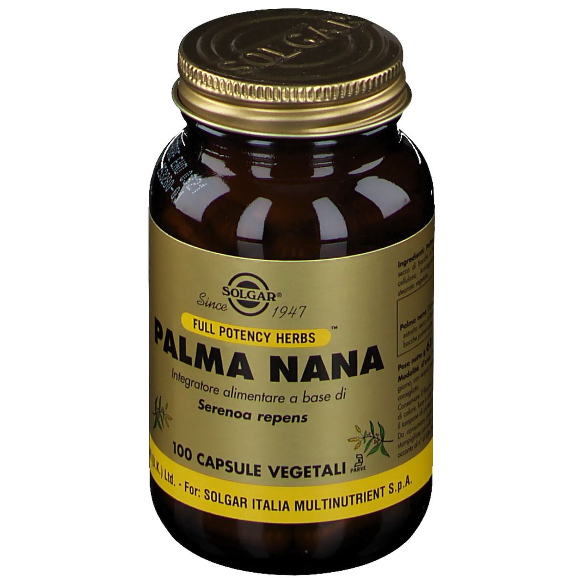 Flacone di vetro marrone con tappo dorato. L'etichetta riporta "SOLGAR Palma Nana" e "100 Capsule Vegetali".