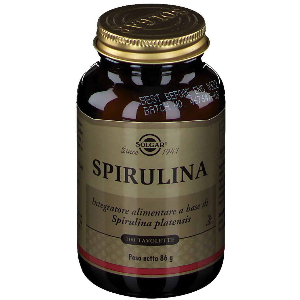 Flacone di vetro marrone con tappo dorato. Scritta: SOLGAR Spirulina. 100 compresse. Peso netto 86 g.