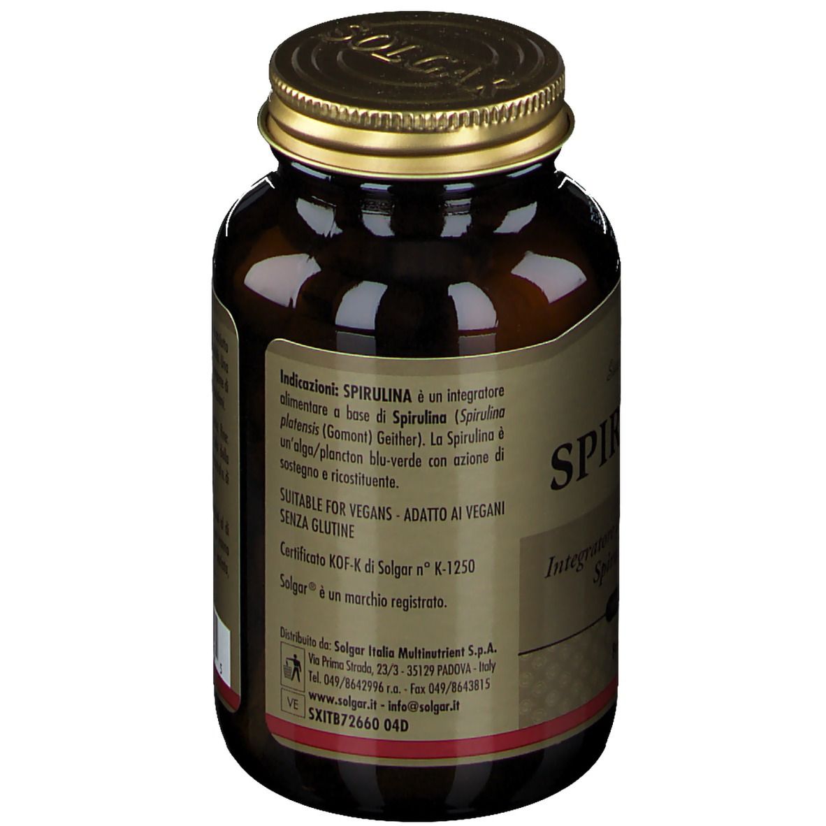 Retro del flacone di vetro marrone. Testo con informazioni e certificazioni. Scritta: Spirulina.