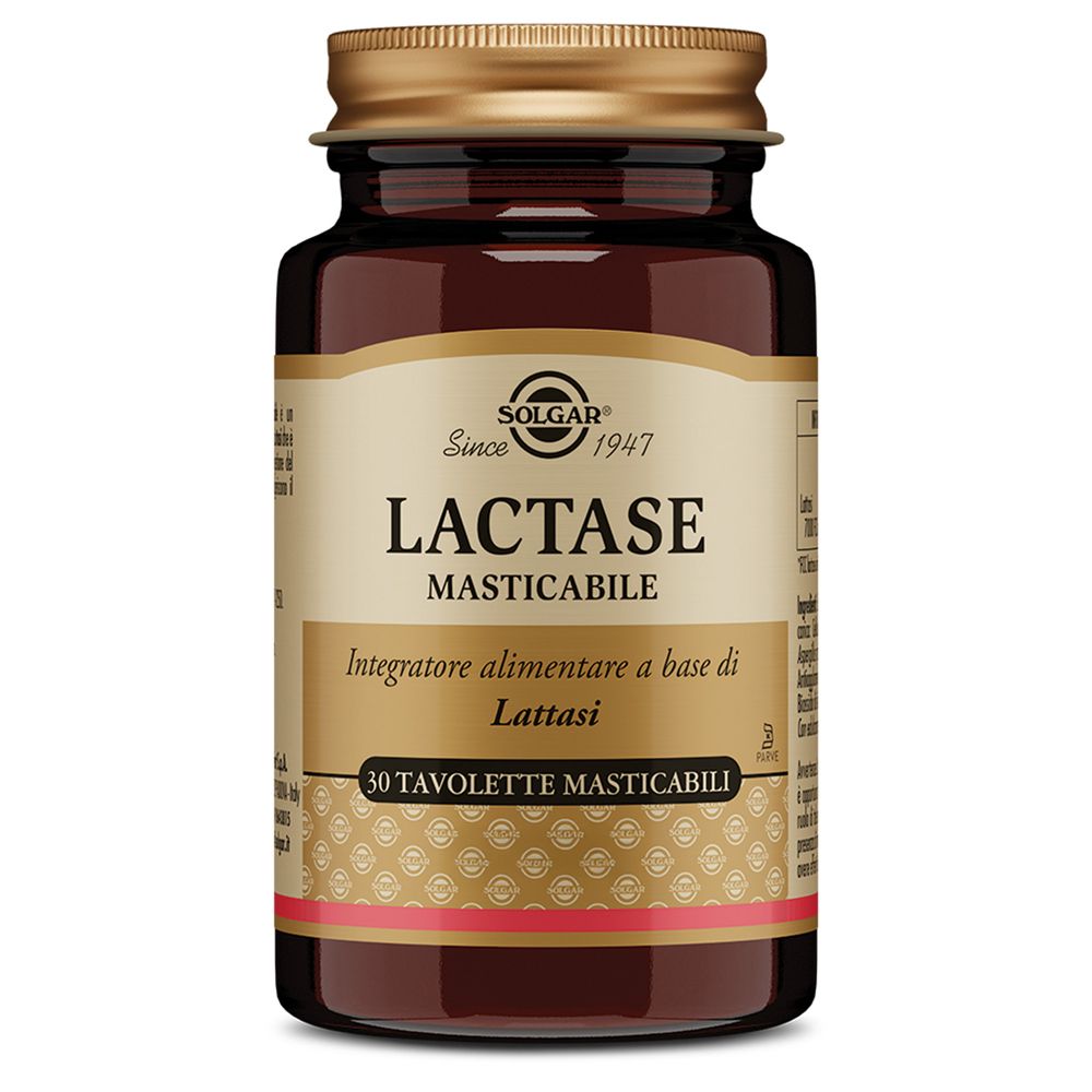 Flacone di vetro marrone con tappo dorato. Etichetta con SOLGAR, LACTASE MASTICABILE e 30 compresse.