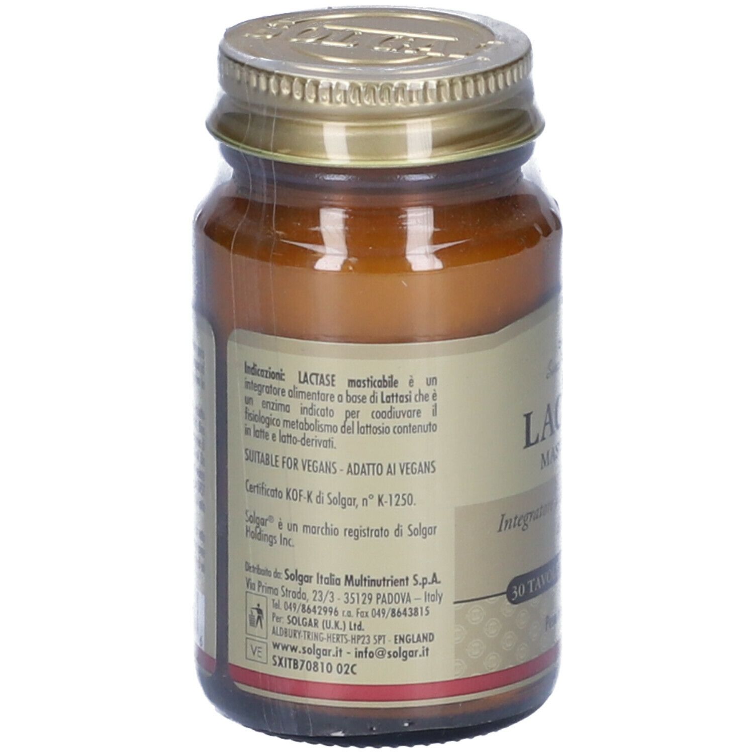 Retro del flacone di vetro marrone. Etichetta con informazioni su ingredienti, uso e produttore.