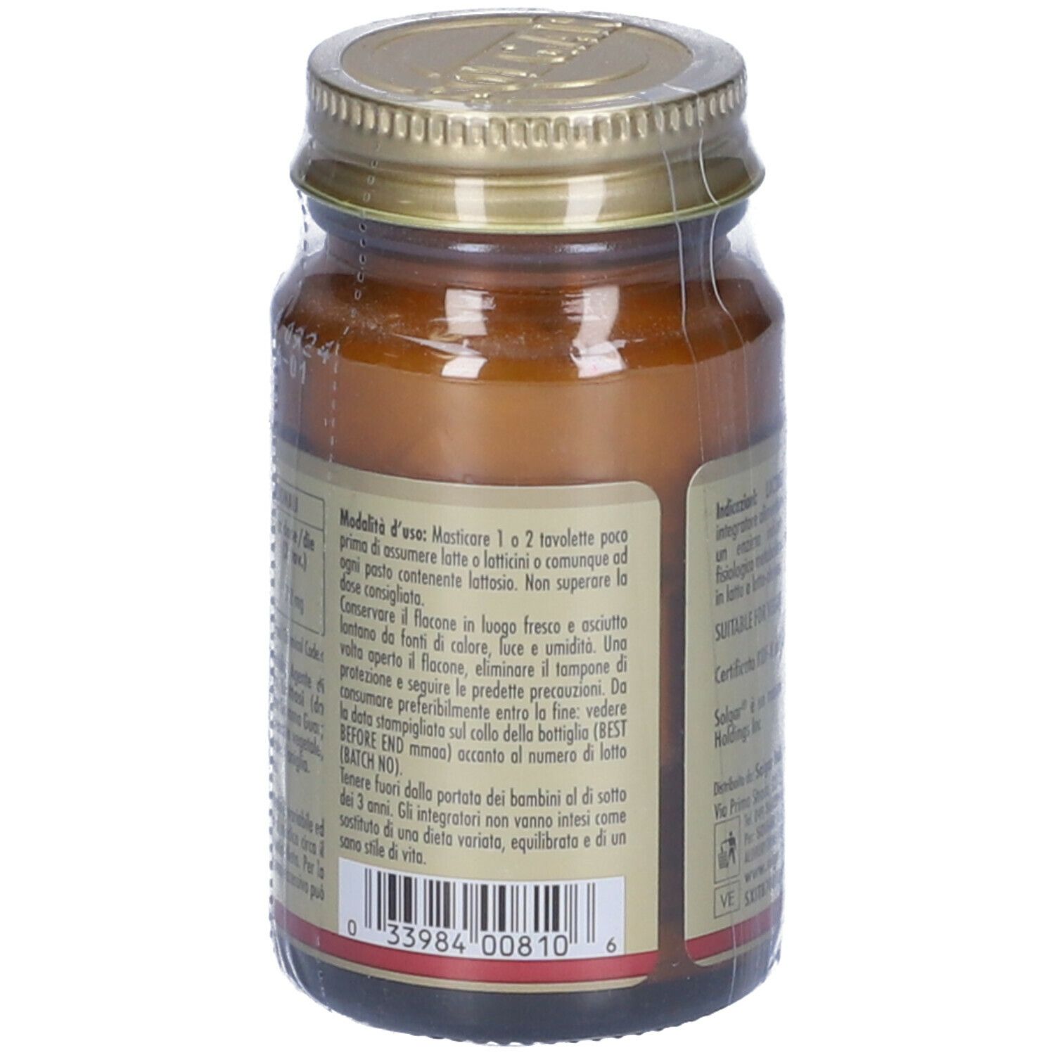 Retro del flacone di vetro marrone. Etichetta con informazioni su ingredienti, uso e produttore.