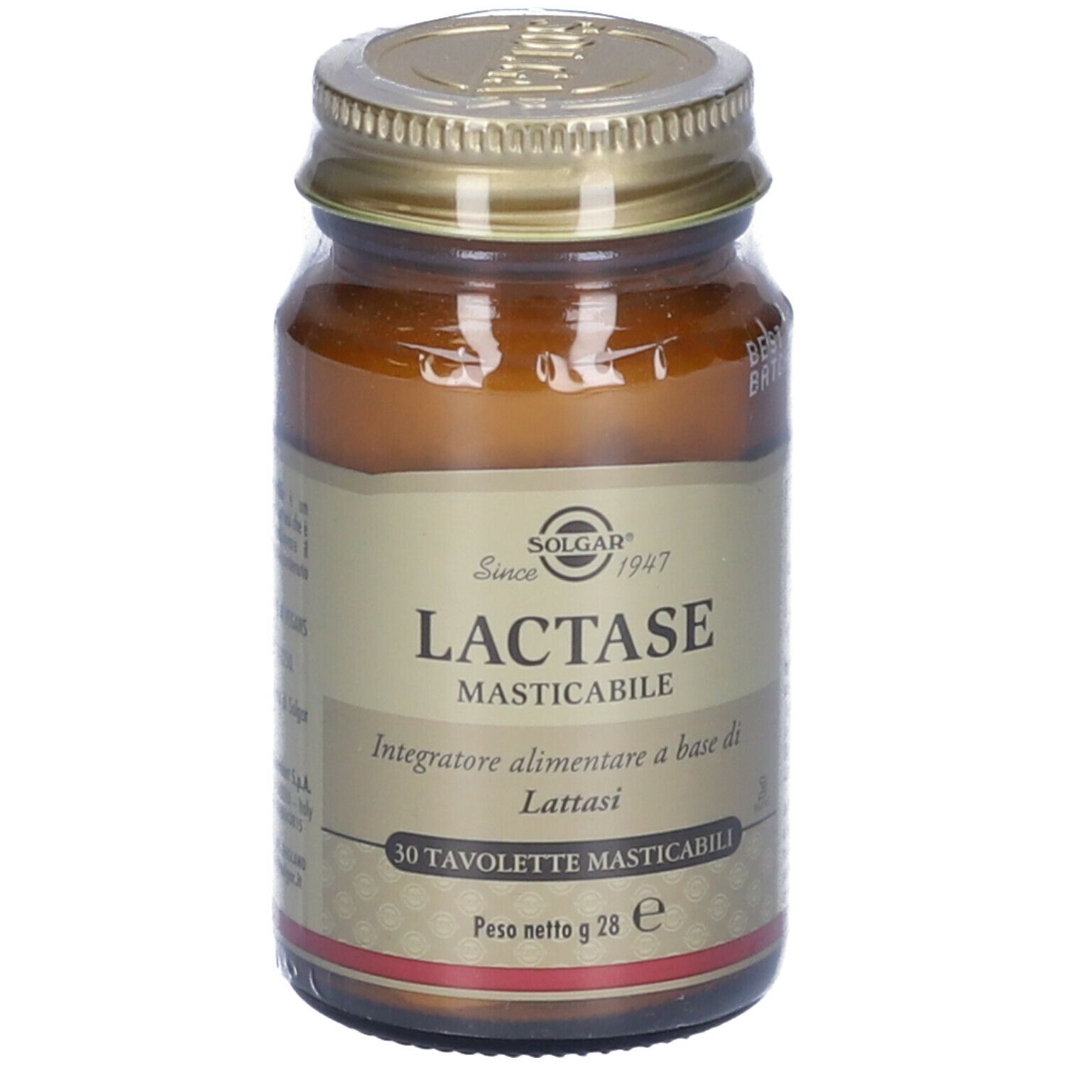 Flacone di vetro marrone con tappo dorato. Etichetta con SOLGAR, LACTASE MASTICABILE e 30 compresse.