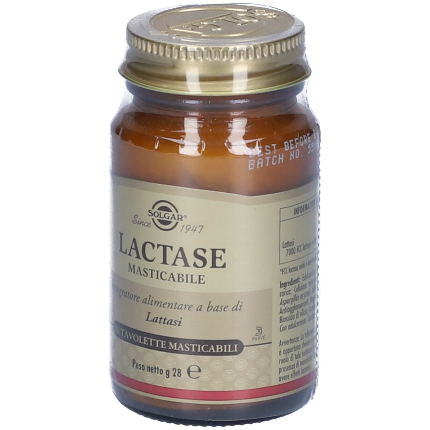 Flacone di vetro marrone con tappo dorato. Etichetta con SOLGAR, LACTASE MASTICABILE e 30 compresse.