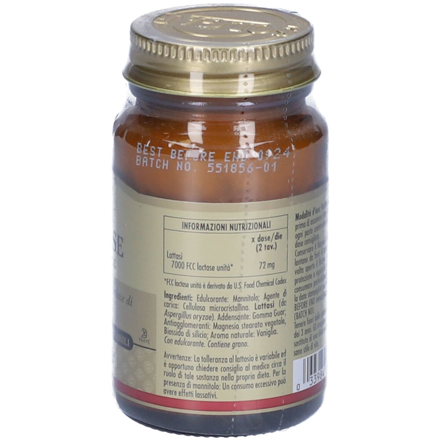 Retro del flacone di vetro marrone. Etichetta con informazioni nutrizionali e ingredienti.